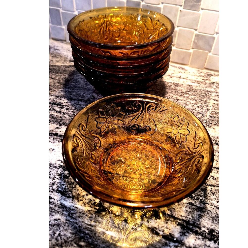 615. Vintage Amber Six Bowl Set Tiara Pattern Dessert Sized